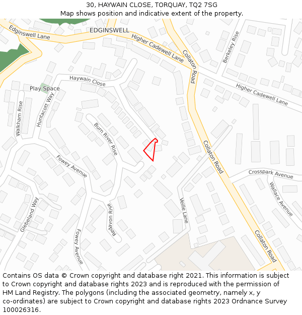 30, HAYWAIN CLOSE, TORQUAY, TQ2 7SG: Location map and indicative extent of plot