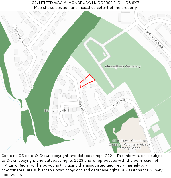 30, HELTED WAY, ALMONDBURY, HUDDERSFIELD, HD5 8XZ: Location map and indicative extent of plot