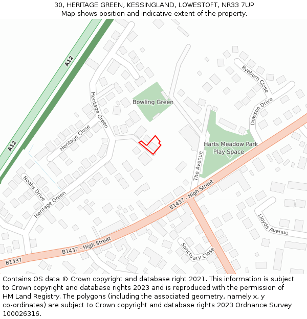 30, HERITAGE GREEN, KESSINGLAND, LOWESTOFT, NR33 7UP: Location map and indicative extent of plot