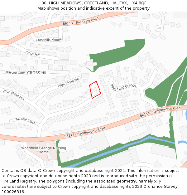 30, HIGH MEADOWS, GREETLAND, HALIFAX, HX4 8QF: Location map and indicative extent of plot