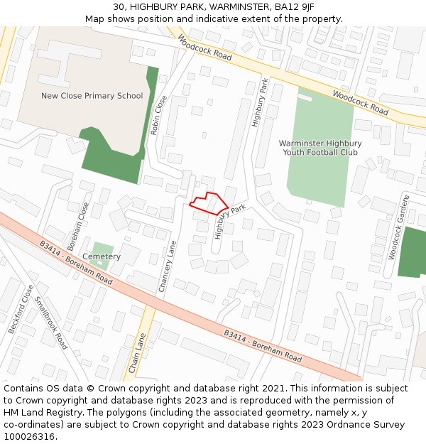 30, HIGHBURY PARK, WARMINSTER, BA12 9JF: Location map and indicative extent of plot