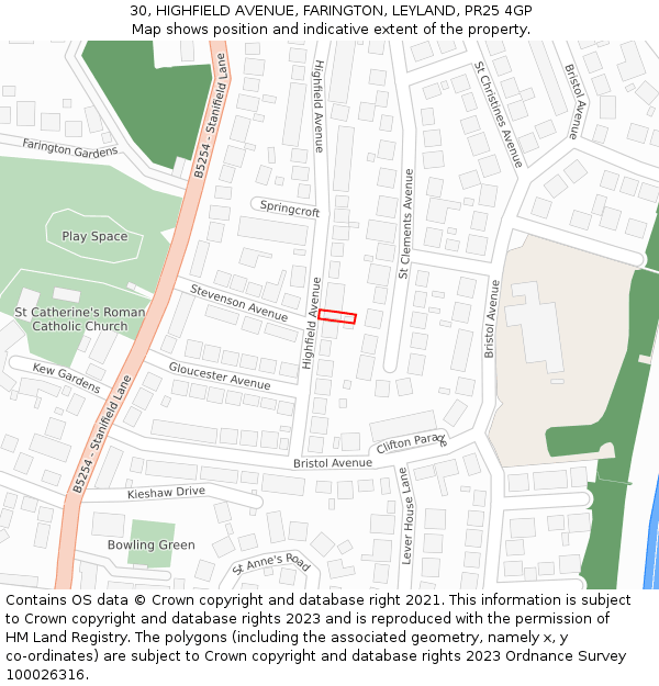 30, HIGHFIELD AVENUE, FARINGTON, LEYLAND, PR25 4GP: Location map and indicative extent of plot