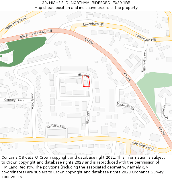 30, HIGHFIELD, NORTHAM, BIDEFORD, EX39 1BB: Location map and indicative extent of plot