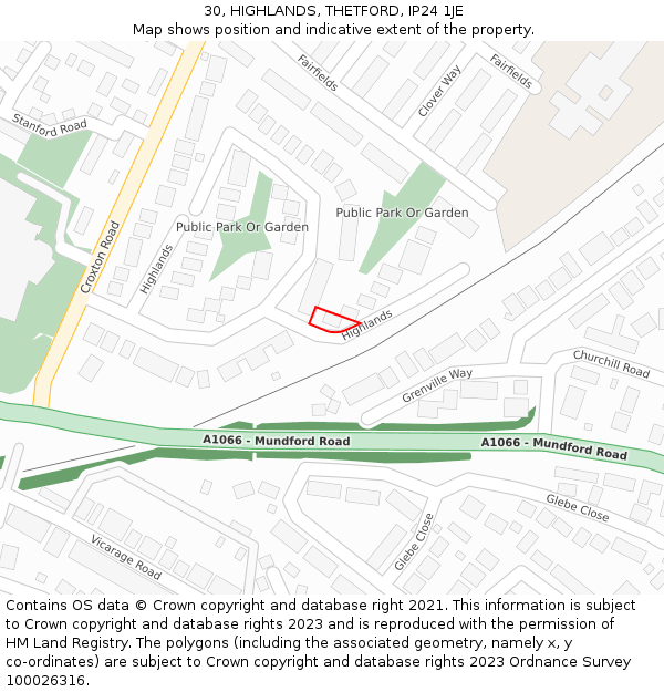 30, HIGHLANDS, THETFORD, IP24 1JE: Location map and indicative extent of plot