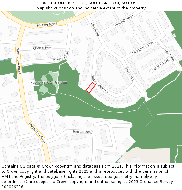 30, HINTON CRESCENT, SOUTHAMPTON, SO19 6GT: Location map and indicative extent of plot