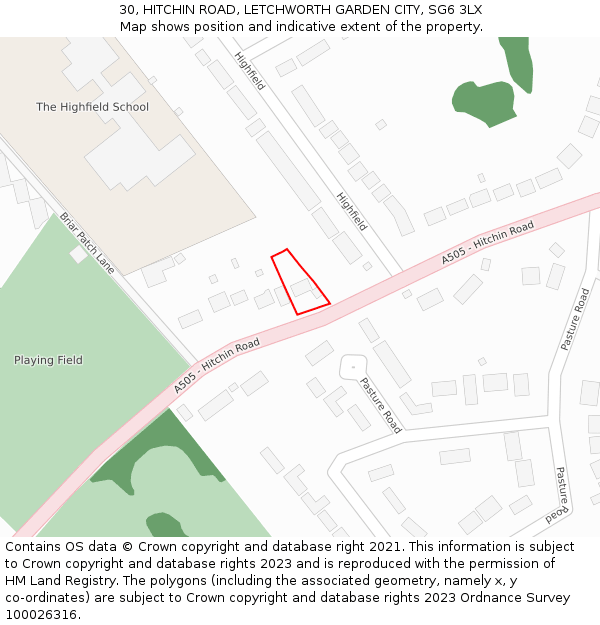 30, HITCHIN ROAD, LETCHWORTH GARDEN CITY, SG6 3LX: Location map and indicative extent of plot