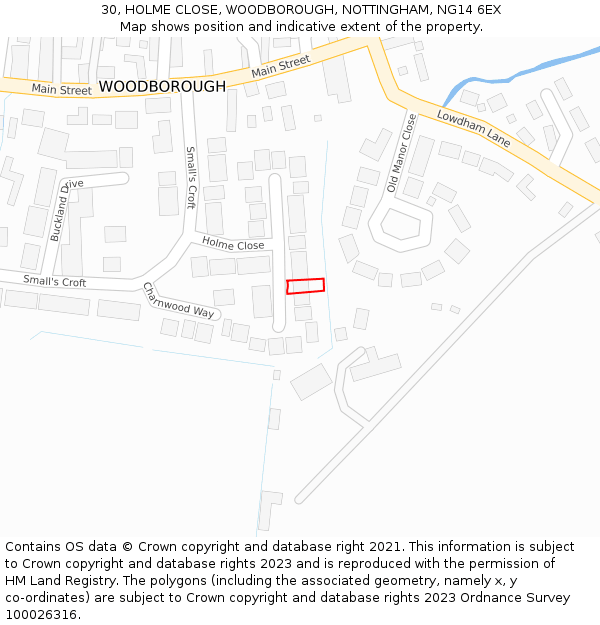 30, HOLME CLOSE, WOODBOROUGH, NOTTINGHAM, NG14 6EX: Location map and indicative extent of plot