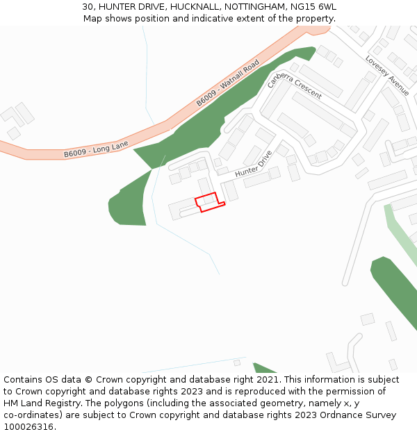 30, HUNTER DRIVE, HUCKNALL, NOTTINGHAM, NG15 6WL: Location map and indicative extent of plot