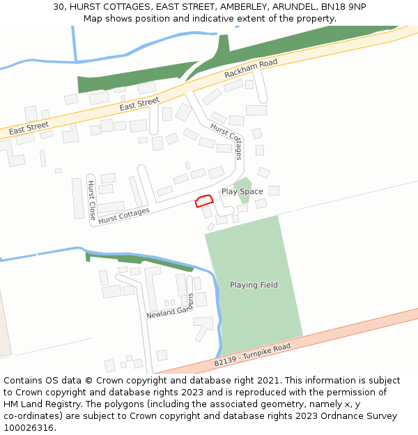30, HURST COTTAGES, EAST STREET, AMBERLEY, ARUNDEL, BN18 9NP: Location map and indicative extent of plot