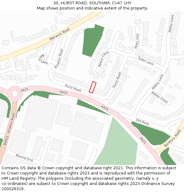 30, HURST ROAD, SOUTHAM, CV47 1HY: Location map and indicative extent of plot
