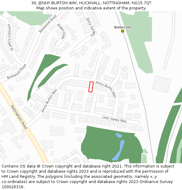 30, JENNY BURTON WAY, HUCKNALL, NOTTINGHAM, NG15 7QT: Location map and indicative extent of plot