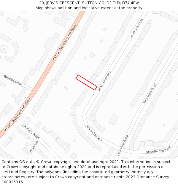 30, JERVIS CRESCENT, SUTTON COLDFIELD, B74 4PW: Location map and indicative extent of plot
