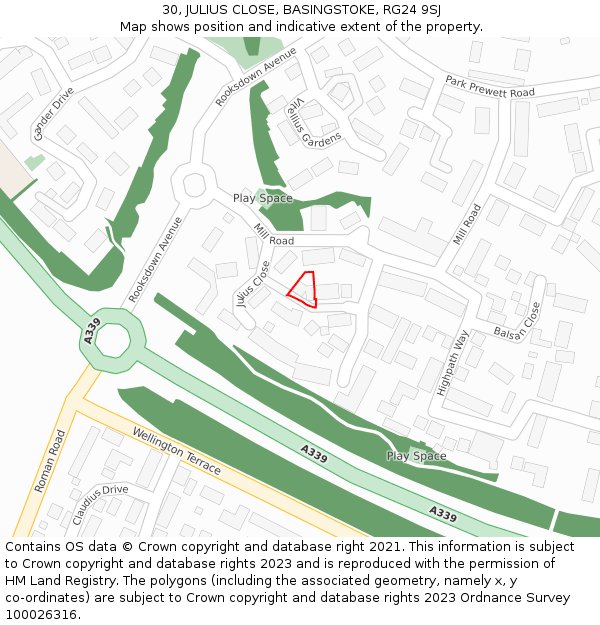 30, JULIUS CLOSE, BASINGSTOKE, RG24 9SJ: Location map and indicative extent of plot