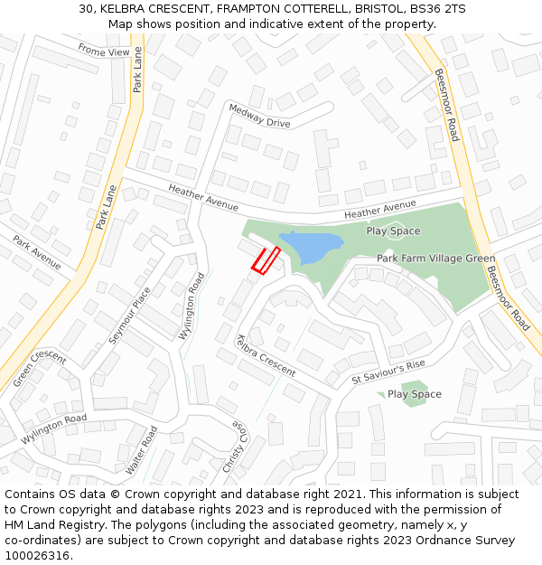 30, KELBRA CRESCENT, FRAMPTON COTTERELL, BRISTOL, BS36 2TS: Location map and indicative extent of plot