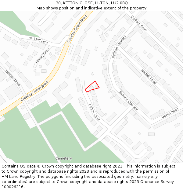 30, KETTON CLOSE, LUTON, LU2 0RQ: Location map and indicative extent of plot
