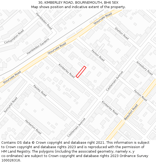 30, KIMBERLEY ROAD, BOURNEMOUTH, BH6 5EX: Location map and indicative extent of plot
