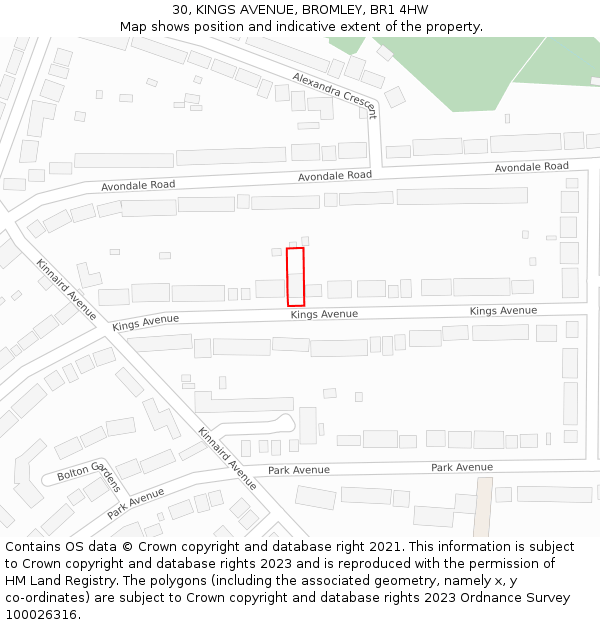 30, KINGS AVENUE, BROMLEY, BR1 4HW: Location map and indicative extent of plot