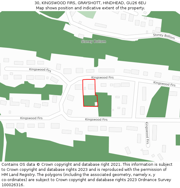 30, KINGSWOOD FIRS, GRAYSHOTT, HINDHEAD, GU26 6EU: Location map and indicative extent of plot