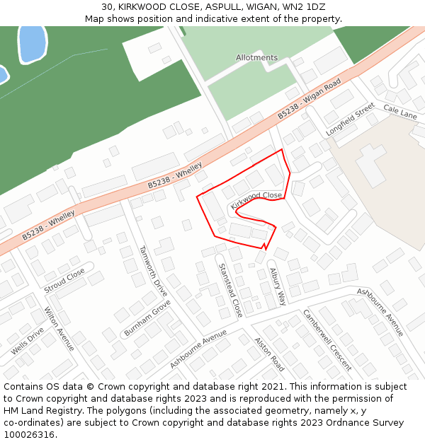 30, KIRKWOOD CLOSE, ASPULL, WIGAN, WN2 1DZ: Location map and indicative extent of plot