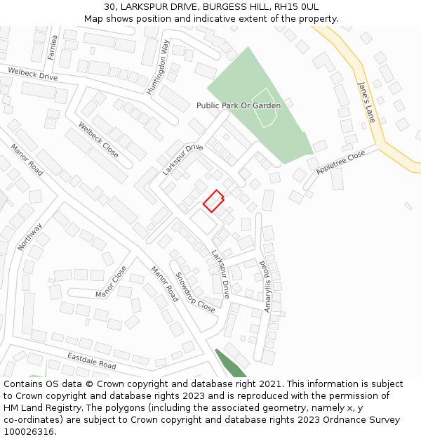 30, LARKSPUR DRIVE, BURGESS HILL, RH15 0UL: Location map and indicative extent of plot