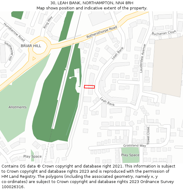 30, LEAH BANK, NORTHAMPTON, NN4 8RH: Location map and indicative extent of plot