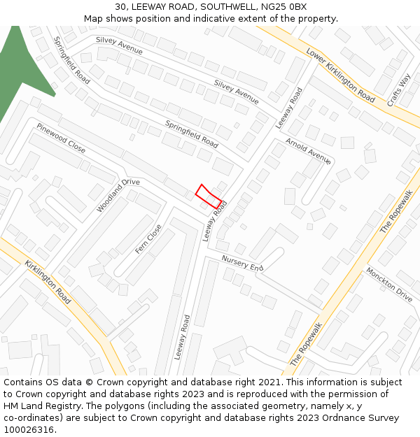 30, LEEWAY ROAD, SOUTHWELL, NG25 0BX: Location map and indicative extent of plot