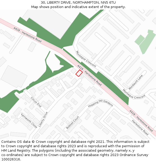 30, LIBERTY DRIVE, NORTHAMPTON, NN5 6TU: Location map and indicative extent of plot