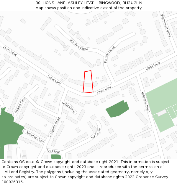 30, LIONS LANE, ASHLEY HEATH, RINGWOOD, BH24 2HN: Location map and indicative extent of plot