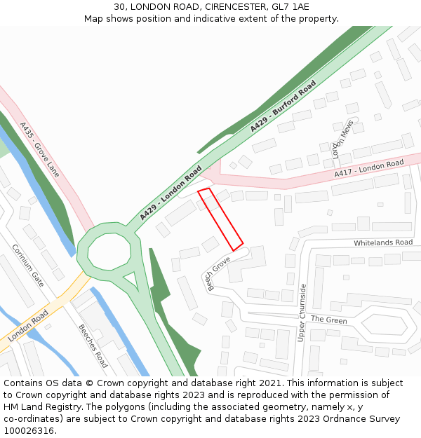 30, LONDON ROAD, CIRENCESTER, GL7 1AE: Location map and indicative extent of plot