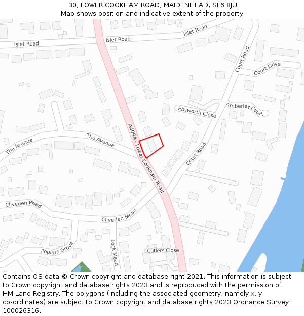 30, LOWER COOKHAM ROAD, MAIDENHEAD, SL6 8JU: Location map and indicative extent of plot