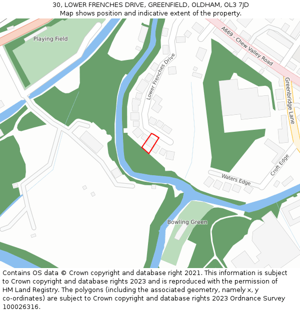 30, LOWER FRENCHES DRIVE, GREENFIELD, OLDHAM, OL3 7JD: Location map and indicative extent of plot