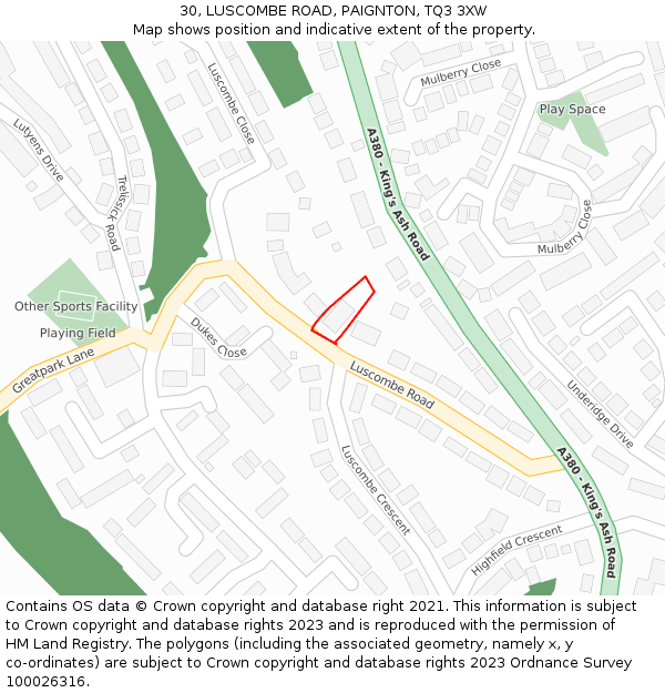 30, LUSCOMBE ROAD, PAIGNTON, TQ3 3XW: Location map and indicative extent of plot