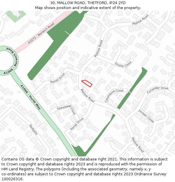 30, MALLOW ROAD, THETFORD, IP24 2YD: Location map and indicative extent of plot
