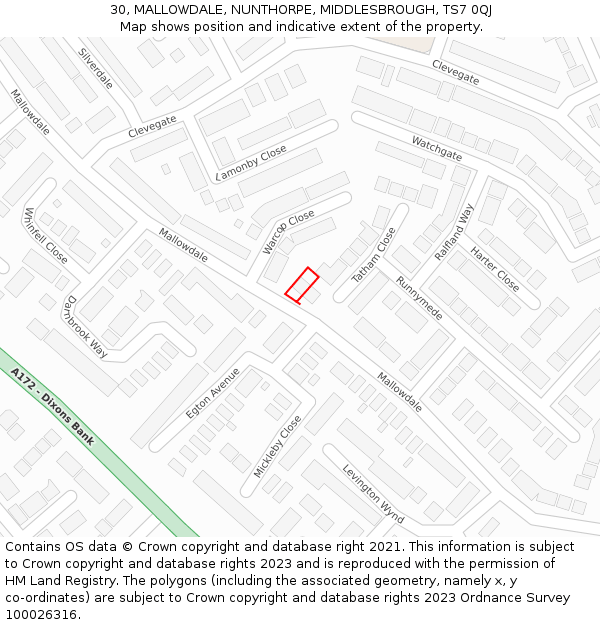 30, MALLOWDALE, NUNTHORPE, MIDDLESBROUGH, TS7 0QJ: Location map and indicative extent of plot