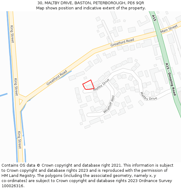 30, MALTBY DRIVE, BASTON, PETERBOROUGH, PE6 9QR: Location map and indicative extent of plot