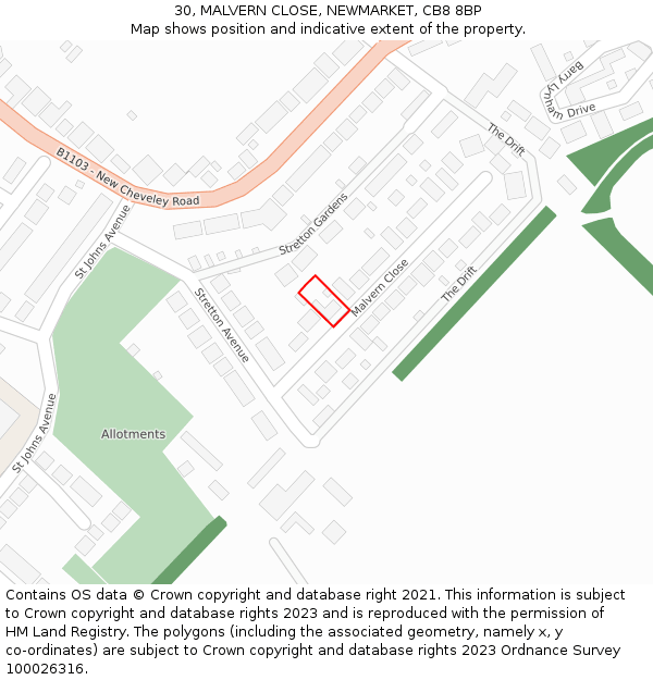 30, MALVERN CLOSE, NEWMARKET, CB8 8BP: Location map and indicative extent of plot