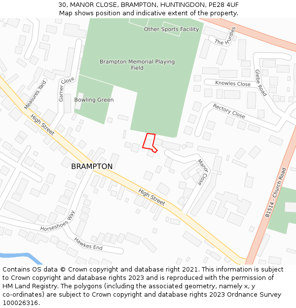 30, MANOR CLOSE, BRAMPTON, HUNTINGDON, PE28 4UF: Location map and indicative extent of plot