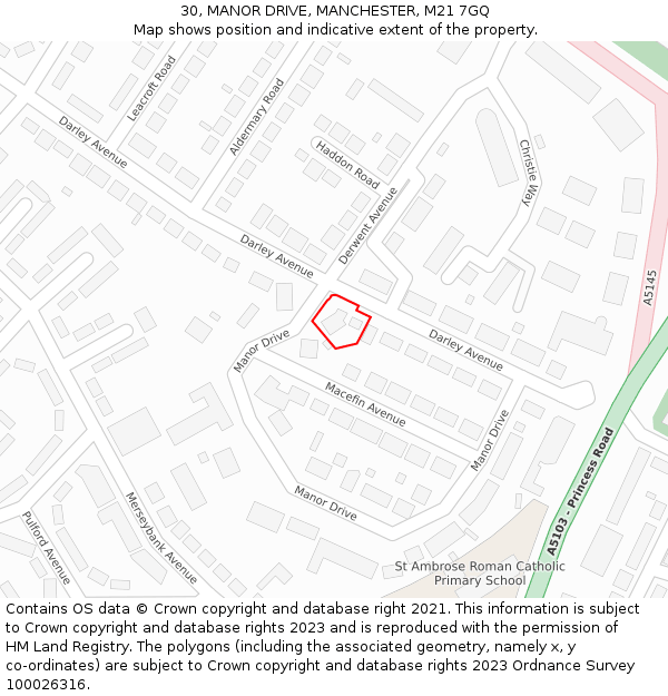 30, MANOR DRIVE, MANCHESTER, M21 7GQ: Location map and indicative extent of plot