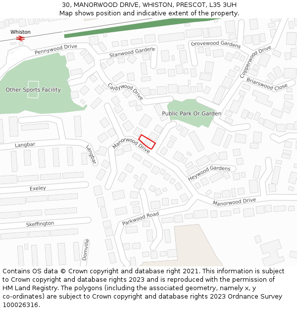 30, MANORWOOD DRIVE, WHISTON, PRESCOT, L35 3UH: Location map and indicative extent of plot