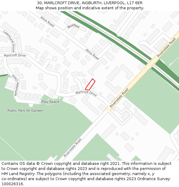 30, MARLCROFT DRIVE, AIGBURTH, LIVERPOOL, L17 6ER: Location map and indicative extent of plot