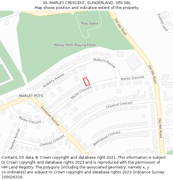 30, MARLEY CRESCENT, SUNDERLAND, SR5 5BL: Location map and indicative extent of plot