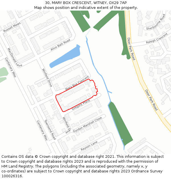 30, MARY BOX CRESCENT, WITNEY, OX29 7AP: Location map and indicative extent of plot