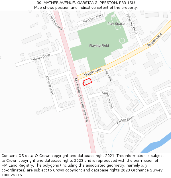 30, MATHER AVENUE, GARSTANG, PRESTON, PR3 1SU: Location map and indicative extent of plot