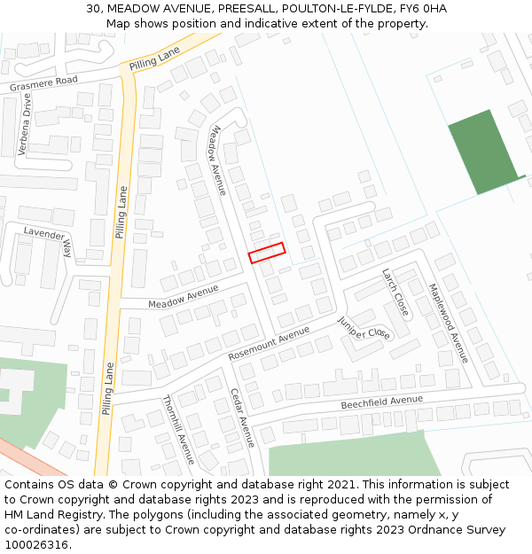 30, MEADOW AVENUE, PREESALL, POULTON-LE-FYLDE, FY6 0HA: Location map and indicative extent of plot