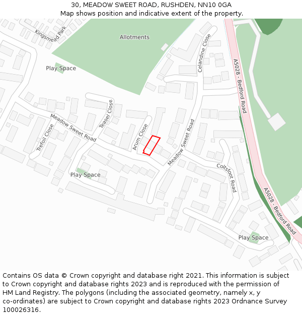30, MEADOW SWEET ROAD, RUSHDEN, NN10 0GA: Location map and indicative extent of plot