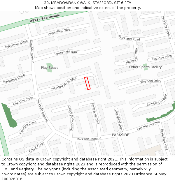 30, MEADOWBANK WALK, STAFFORD, ST16 1TA: Location map and indicative extent of plot