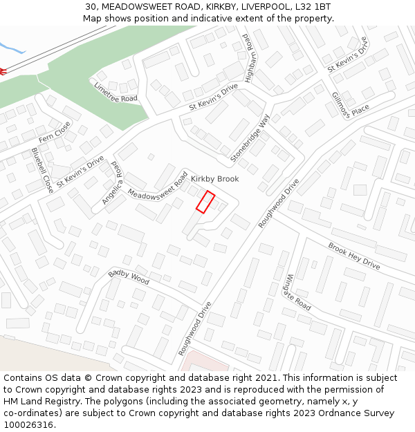 30, MEADOWSWEET ROAD, KIRKBY, LIVERPOOL, L32 1BT: Location map and indicative extent of plot
