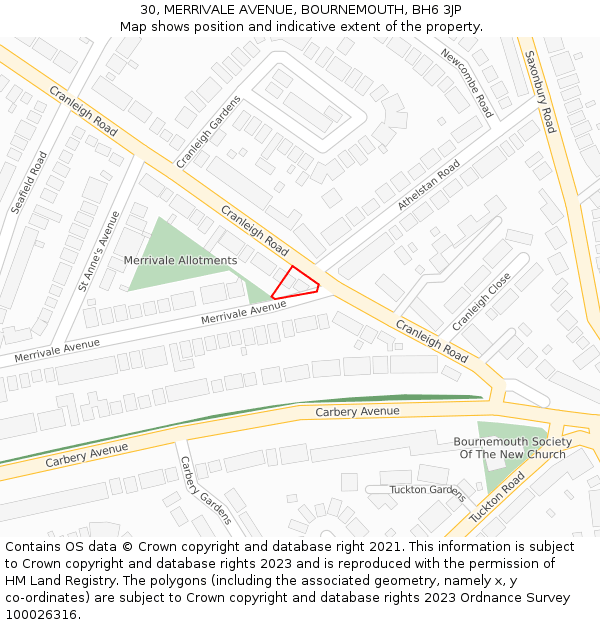 30, MERRIVALE AVENUE, BOURNEMOUTH, BH6 3JP: Location map and indicative extent of plot