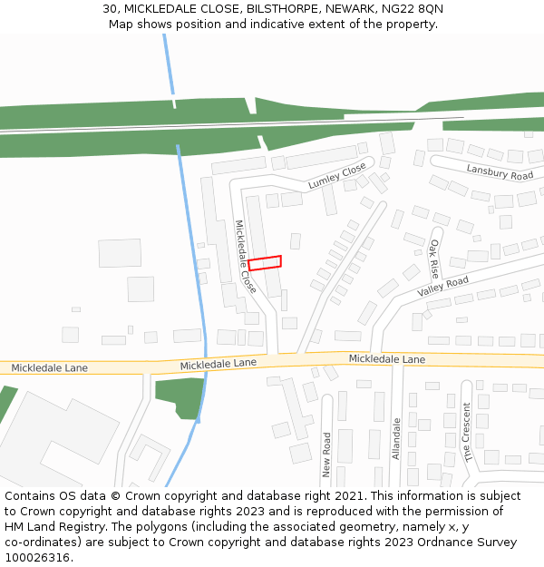30, MICKLEDALE CLOSE, BILSTHORPE, NEWARK, NG22 8QN: Location map and indicative extent of plot