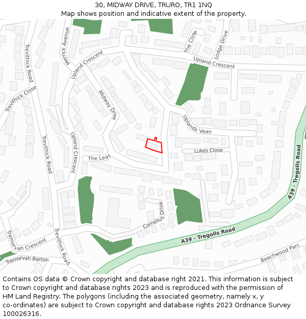 30, MIDWAY DRIVE, TRURO, TR1 1NQ: Location map and indicative extent of plot
